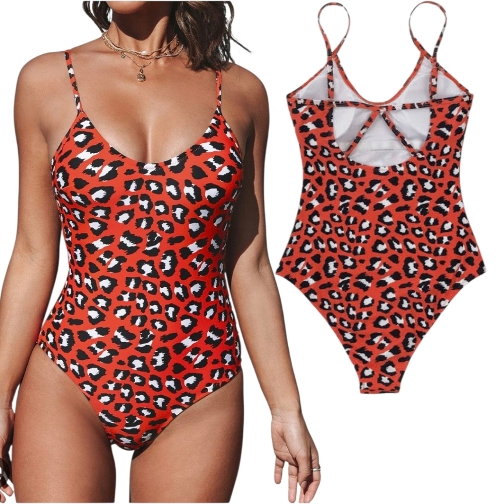 Women's Red Leopard Print One Piece Swimsuit Cutout Back Swimwear Bathing XL